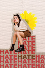 Vertical collage image of unsatisfied disappointed girl receive hate message yellow flower isolated...