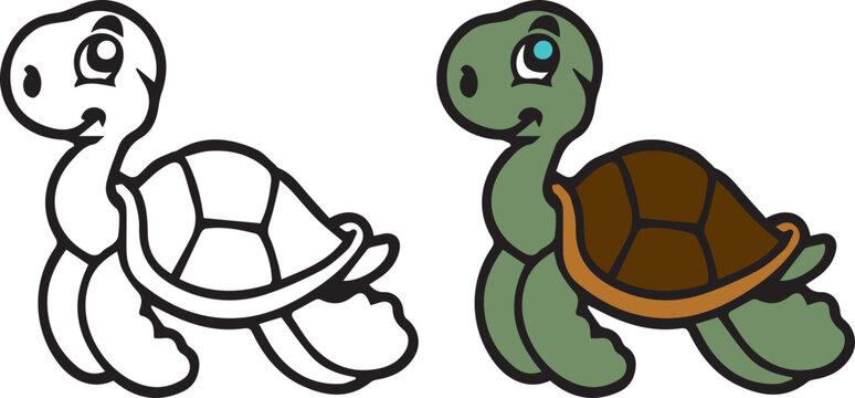 Cartoon turtle clipart, vector illustration. Ocean wildlife, cute baby turtle, little reptile. Kids coloring book. All details are editable and isolated. 