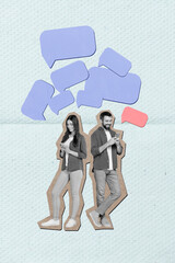 Vertical collage image of two black white gamma positive people use smart phone chatting empty...