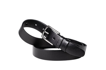Black leather belt for trousers and jeans. Fastened fashionable men leather belt with dark chrome matted metal buckle isolated on white background. Male accessory. Luxury strap. Haberdashery goods