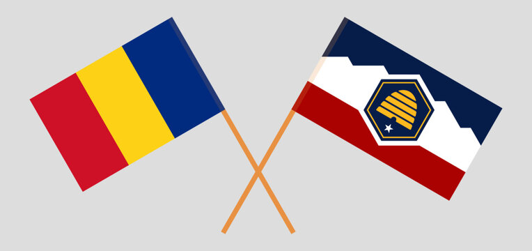 Crossed flags of Romania and The State of Utah. Official colors. Correct proportion