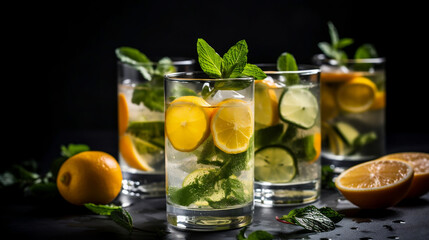 Summer healthy lemonade, cocktails of citrus infused water or mojitos, with lime lemon orange. Generative AI.