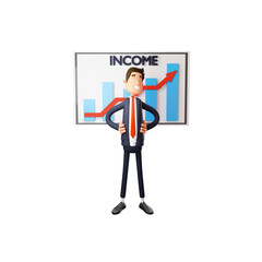 3D illustration. 3D image illustration of a man standing behind a chart table, both hands on his waist, with a face full of happiness. 3D Cartoon Character