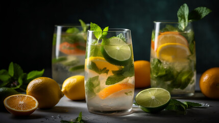 Fototapeta na wymiar Summer healthy lemonade, cocktails of citrus infused water or mojitos, with lime lemon orange. Generative AI.