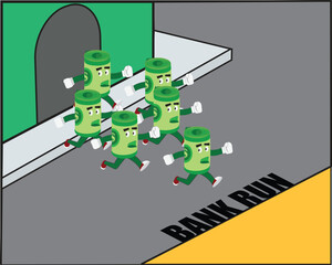 A vector of money run out of the bank. Bank run concept