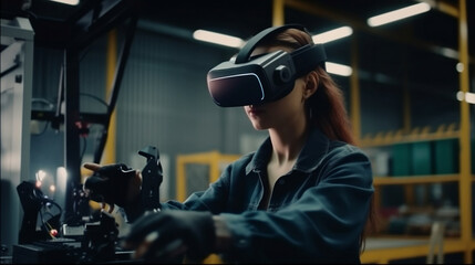 Naklejka na ściany i meble wearing virtual reality headset uses VR technology checking and control automation robot arms machine. Generative AI.