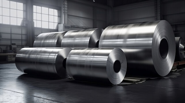 Large aluminium steel foil rolls in the factory. Generative AI.