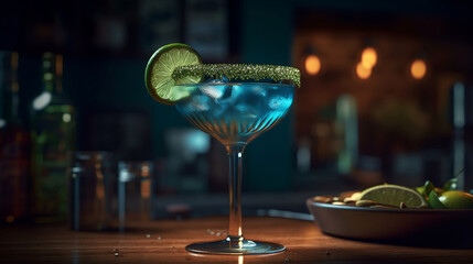 Delicious blue margarita cocktail on wooden board. Generative AI. - obrazy, fototapety, plakaty