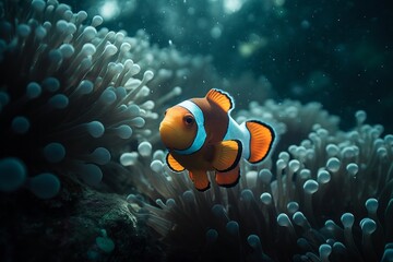 Illustration of  an anemone  with a vibrant clownfish swimming in an aquarium created with Generative AI technology