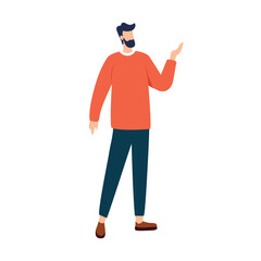Vector illustration young man pointing showing with his hand. People in business technology education learning concept. Design element for app development websites landing page. Text ready