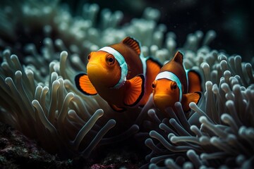 Fototapeta na wymiar Illustration of an anemone with two vibrant clownfish swimming in an aquarium created with Generative AI technology