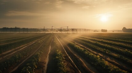 Naklejka premium Irrigation system on agricultural soybean field, rain gun sprinkler. Landscape beautiful sunset. Generative AI