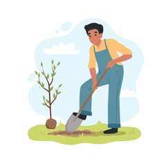 Black man digging up ground with shovel to plant a tree. Male working in garden. Cute vector illustartion in flat cartoon style