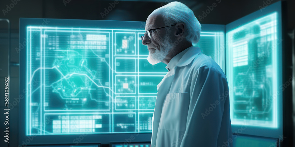 Poster future of research: old senior scientist analyzing and looking at results in futuristic high-tech la