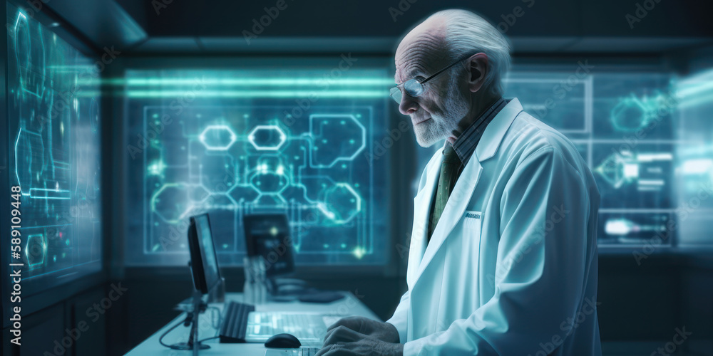 Poster future of research: old senior scientist analyzing and looking at results in futuristic high-tech la