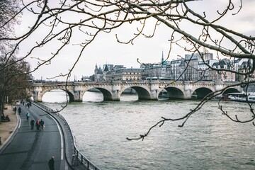 CItyscape of downtown with Pont Neuf Bridge and River Seine, Paris, France