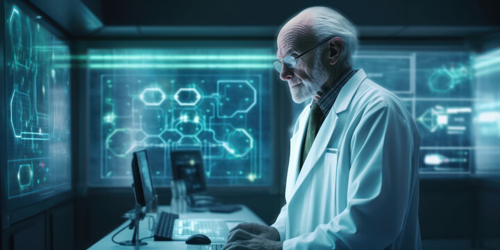Future of Research: Old Senior Scientist Analyzing and Looking at Results in Futuristic High-Tech Lab. Generative AI
