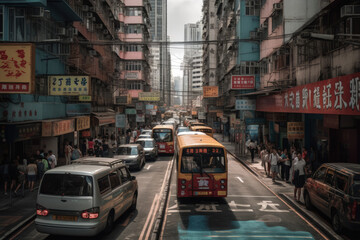Fototapeta premium A yellow and red bus is driving down a busy street with a sign that says hong kong on it.