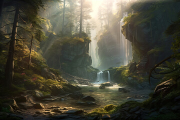 A waterfall in a forest with a forest in the background