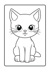cute cat line art coloring page for kids, black outline on white background