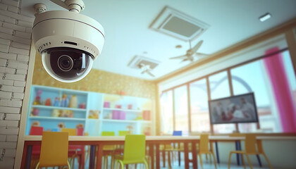 CCTV monitorin, security cam or security camera in kindergarten classroom. AI Generated. - obrazy, fototapety, plakaty