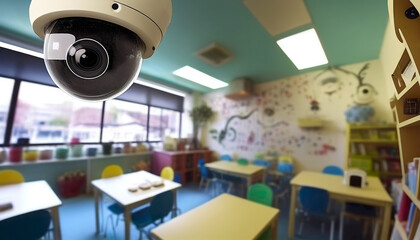 CCTV monitorin, security cam or security camera in kindergarten classroom. AI Generated.