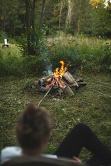 Vertical shot of a campfire on the ground surrounded by greenery in forest - camping concept