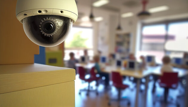 CCTV monitorin, security cam or security camera in kindergarten classroom. AI Generated.