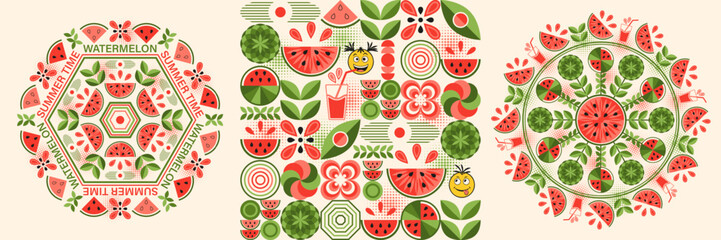 Set of geometric ornaments, pattern with watemelon in geometric style. Chunks, pieces of fruit. Good for decoration of food packaging, decorative print, background