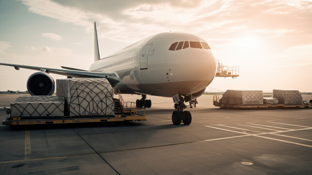 Loading of goods on board a cargo plane, airport, ai generative