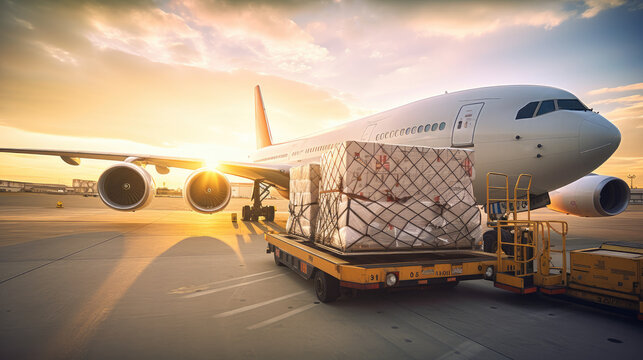 Loading of goods on board a cargo plane, airport, ai generative