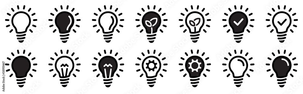 Poster lamp icon set. light bulb icons collection. llightbulb idea symbols in line and flat styles. lamp el