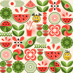 Seamless pattern with watermelon geometic elements, emoji, halftone shapes. Good for decoration of food package, cover design, decorative print, background
