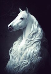 Beautiful white horse on dark background. Digital illustration.