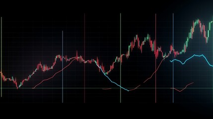 Technical price graph and indicator, red and green candlestick chart on blue theme screen, market volatility. AI generated