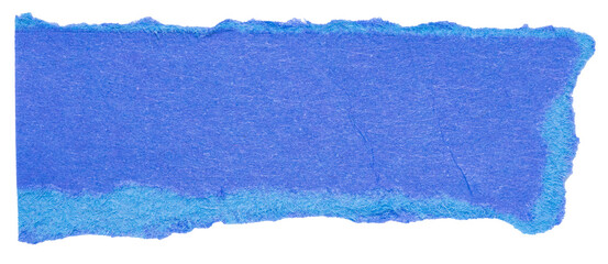 Isolated cut out torn piece of blank blue paper cardboard with texture and copy space for text, top view from above on white or transparent background
