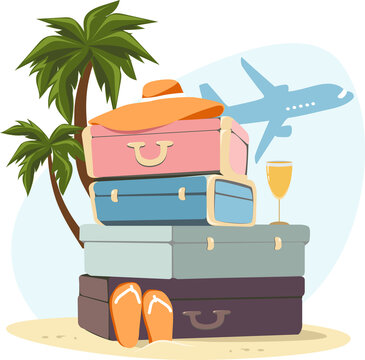 summer scene showing a vacation destination with a beach and sun to use as a button or background.