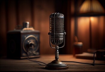 Vintage microphone in very old music recording studio, film scene, vinyl cover, Podcast production. AI Generative. Generative AI