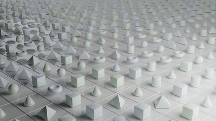Random shapes arranged in a matrix, raytraced render.