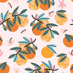 Seamless pattern with citrus and flowers. Vector background, print, design