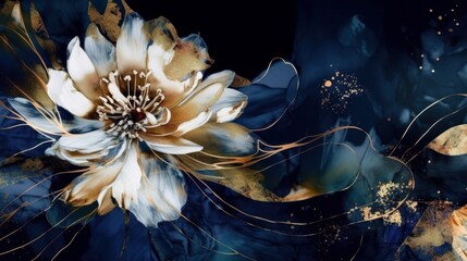 a wallpaper botanical flowers with one big flower for whole artwork flowing alcohol ink style bioluminescence navy blue background. generative ai.