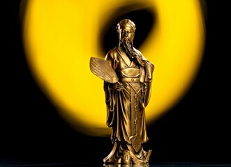 Brass figurine depicting Chinese statesman Zhuge Liang on a black and yellow painted background
