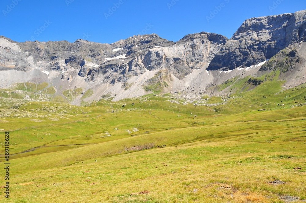 Poster beautiful green valley with rocky mountains. pyrenees national park, france.