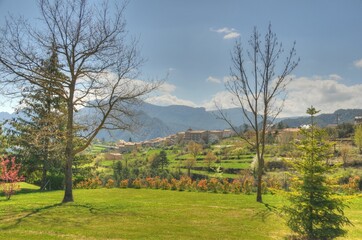 Scenic view of green trees and flowers in a village in mountains on a sunny day