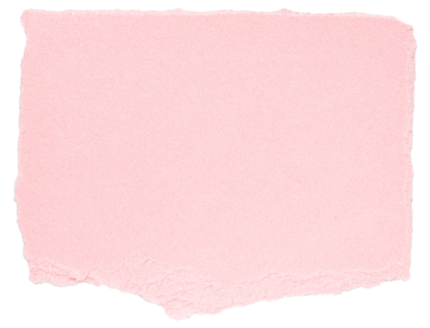 Isolated cut out torn piece of blank pink paper note cardboard with texture and copy space for text, top view from above on white or transparent png background