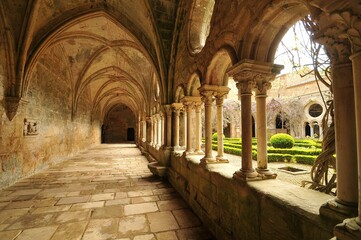 Fototapeta na wymiar View of the Fontfroide Abbey with cloister and inner courtyard, Languedoc-Roussillon, France