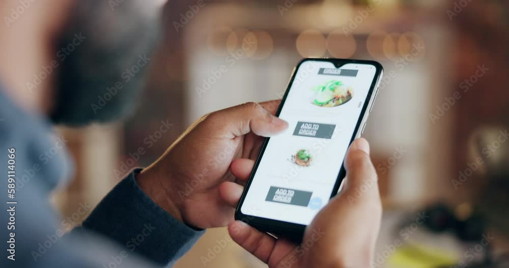 Wall mural Phone, screen with man scroll food delivery app and choice, technology and meal option while working. Smartphone, menu and male hands closeup, ecommerce and online shopping with restaurant website