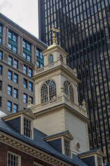 Tower of the Old State House surrounded by modern office buildings, Boston, Massachusetts, New England, USA