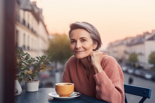 AI generated middle aged woman in the morning on the veranda of a cozy French cafe