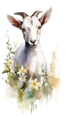 Nature's masterpiece, watercolor goat paintings with flower decorations, generative ai